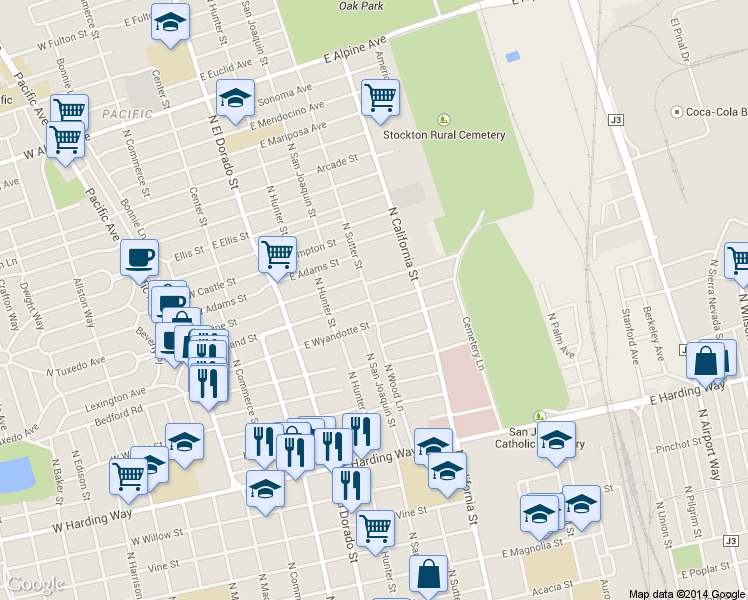 map of restaurants, bars, coffee shops, grocery stores, and more near 410 East Wyandotte Street in Stockton