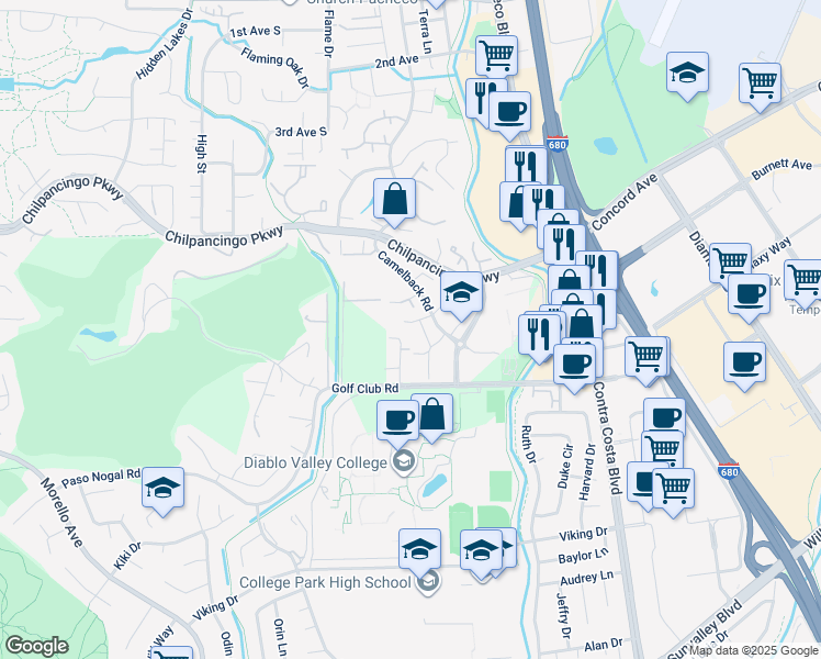 map of restaurants, bars, coffee shops, grocery stores, and more near 650 Tempe Court in Pleasant Hill