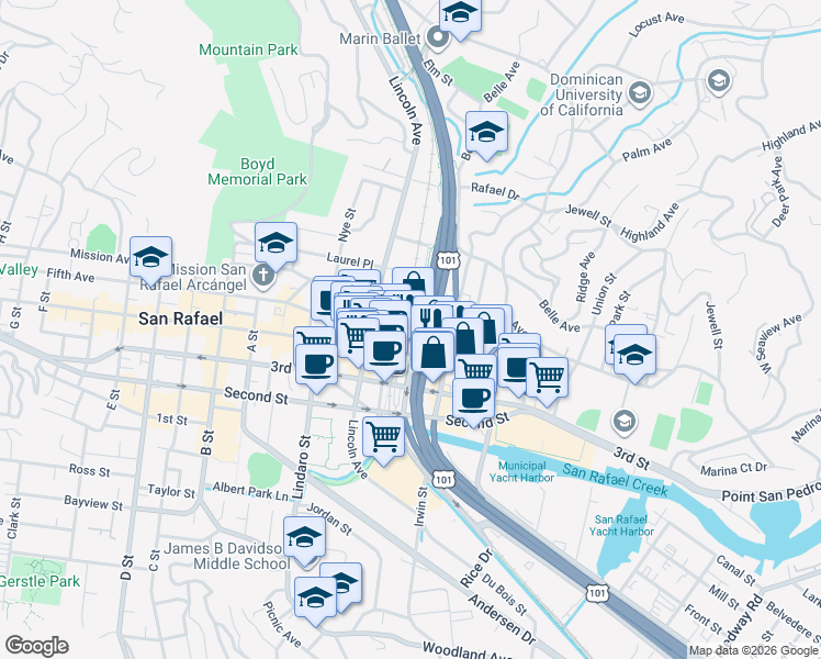 map of restaurants, bars, coffee shops, grocery stores, and more near 614 4th Street in San Rafael
