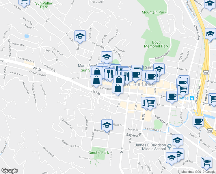map of restaurants, bars, coffee shops, grocery stores, and more near 105 Shaver Street in San Rafael