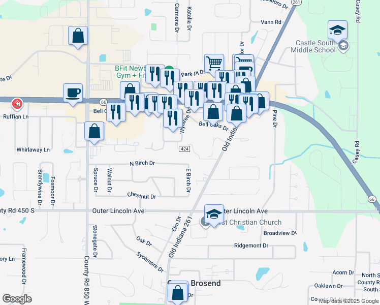 map of restaurants, bars, coffee shops, grocery stores, and more near 4266 East Birch Drive in Newburgh