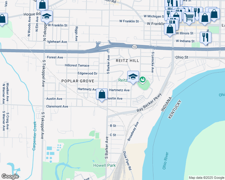 map of restaurants, bars, coffee shops, grocery stores, and more near 2809 Austin Avenue in Evansville