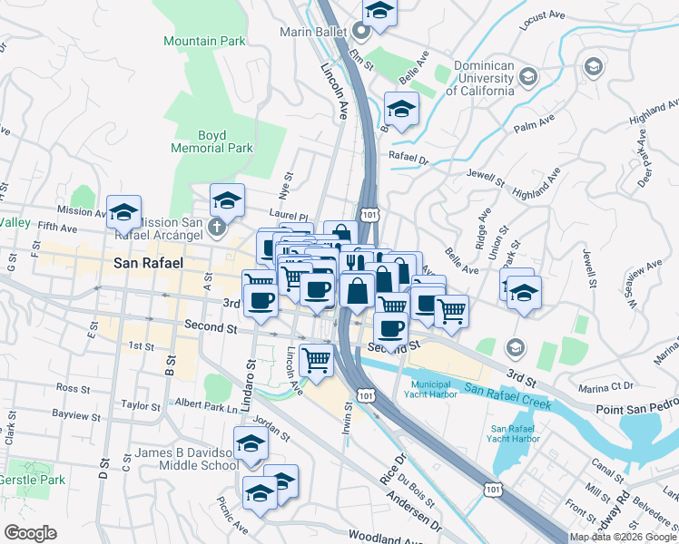 map of restaurants, bars, coffee shops, grocery stores, and more near 614 4th Street in San Rafael