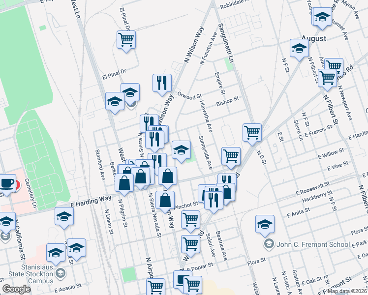 map of restaurants, bars, coffee shops, grocery stores, and more near 1644 Sycamore Avenue in Stockton