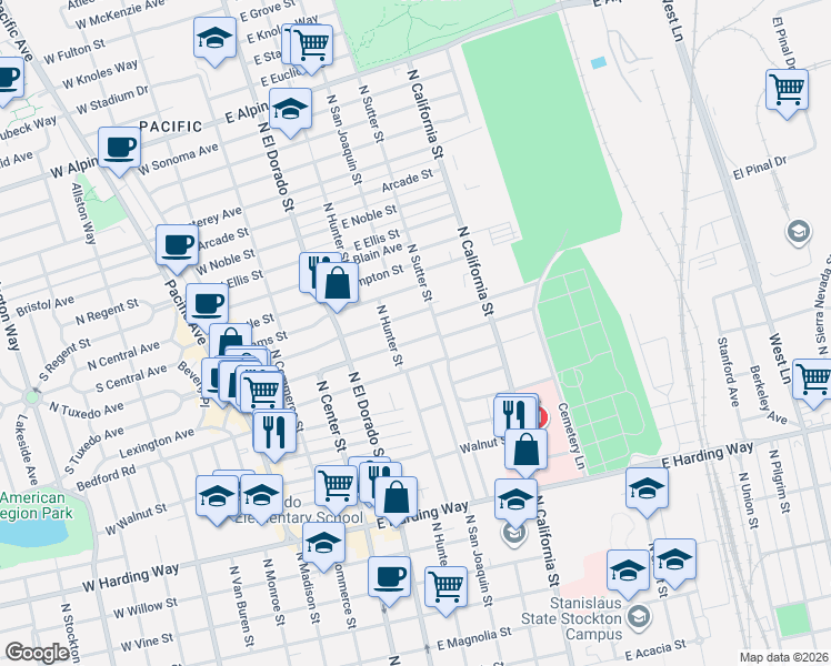 map of restaurants, bars, coffee shops, grocery stores, and more near 225 East Wyandotte Street in Stockton