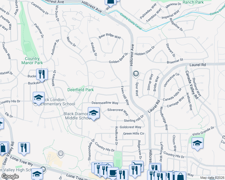 map of restaurants, bars, coffee shops, grocery stores, and more near 4612 Fieldcrest Way in Antioch