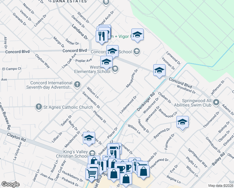 map of restaurants, bars, coffee shops, grocery stores, and more near 1666 Beckner Court in Concord