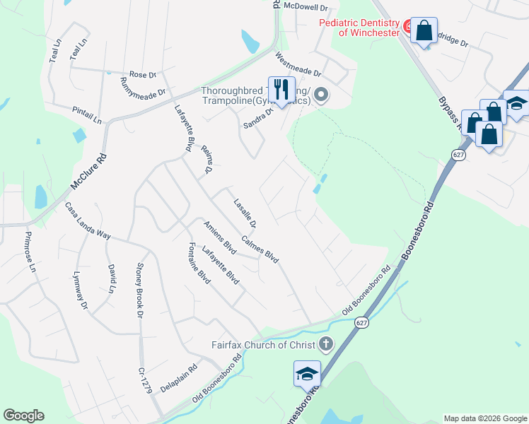 map of restaurants, bars, coffee shops, grocery stores, and more near 413 Lasalle Drive in Winchester
