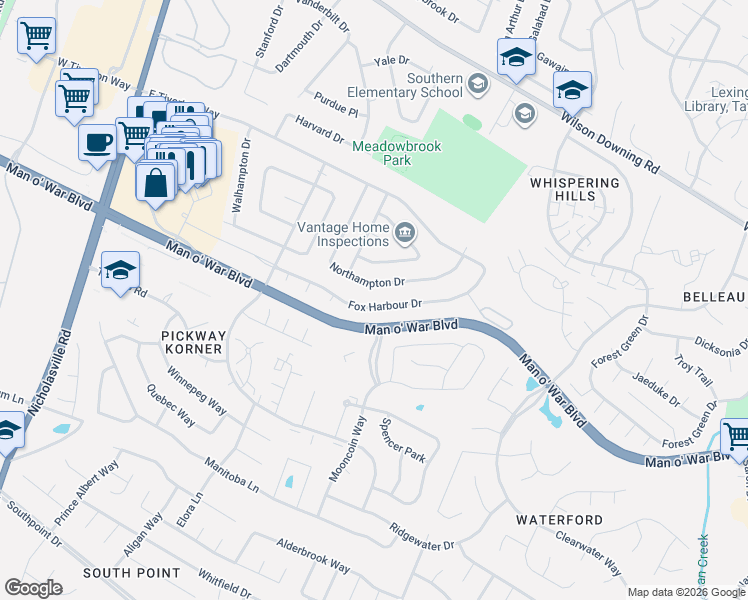 map of restaurants, bars, coffee shops, grocery stores, and more near 352 Fox Harbour Drive in Lexington