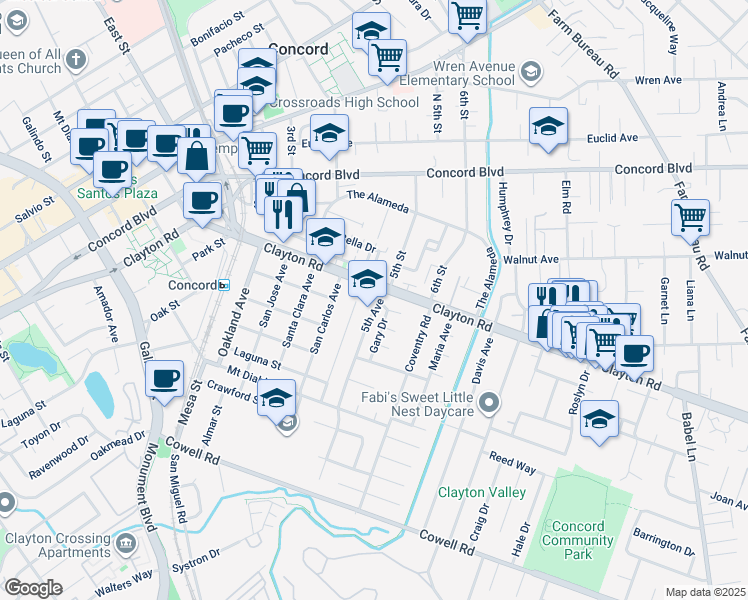 map of restaurants, bars, coffee shops, grocery stores, and more near 2355 5th Avenue in Concord