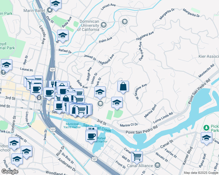map of restaurants, bars, coffee shops, grocery stores, and more near 117 Jewell Court in San Rafael