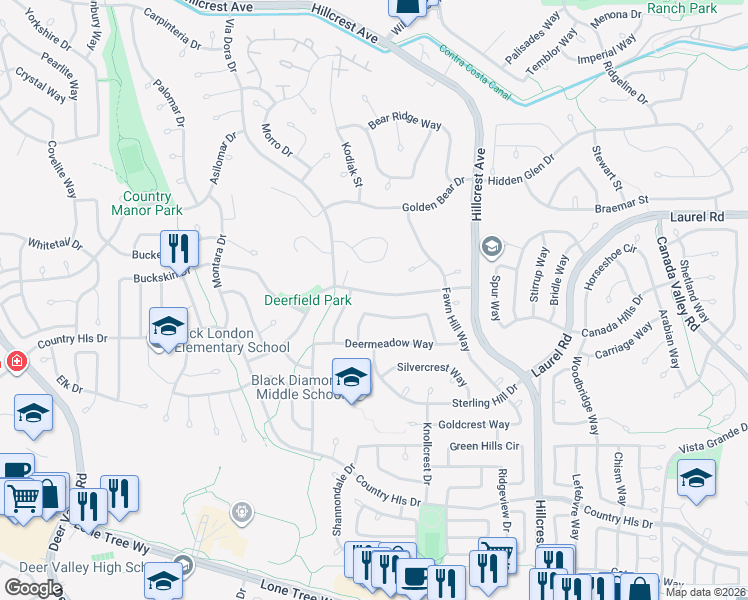 map of restaurants, bars, coffee shops, grocery stores, and more near 4546 Fieldcrest Way in Antioch