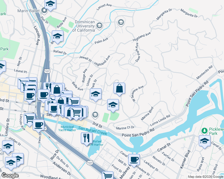 map of restaurants, bars, coffee shops, grocery stores, and more near 14 Belle Avenue in San Rafael