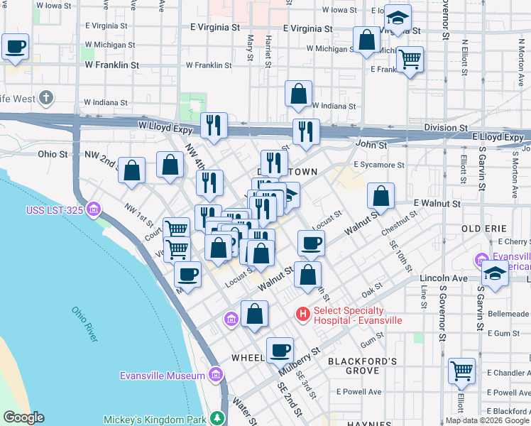 map of restaurants, bars, coffee shops, grocery stores, and more near in Evansville