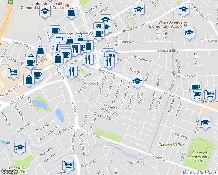 map of restaurants, bars, coffee shops, grocery stores, and more near 1431 San Jose Avenue in Concord