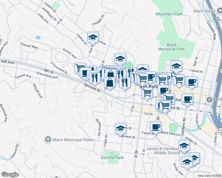 map of restaurants, bars, coffee shops, grocery stores, and more near 5 F Street in San Rafael
