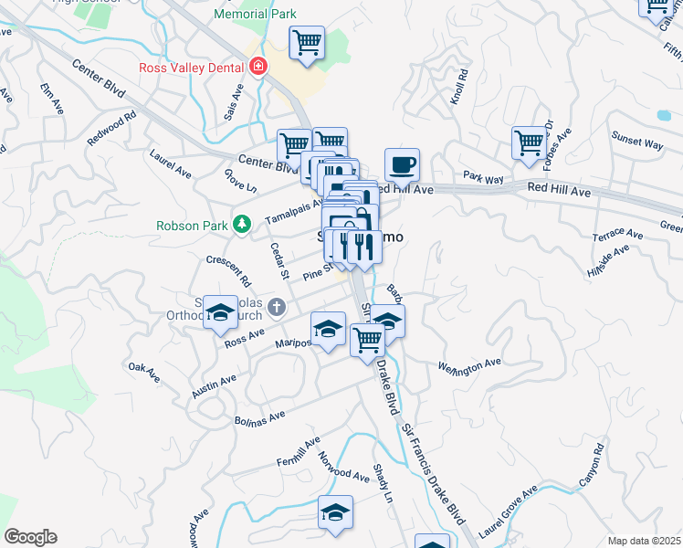 map of restaurants, bars, coffee shops, grocery stores, and more near in San Anselmo