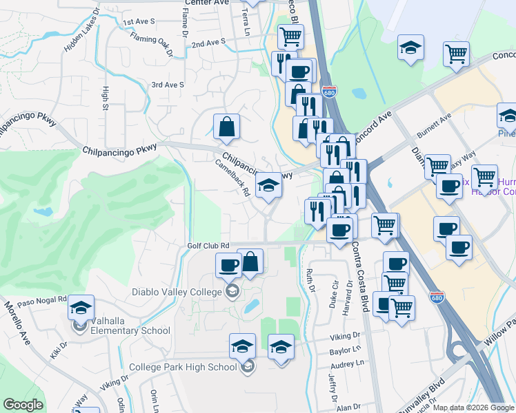 map of restaurants, bars, coffee shops, grocery stores, and more near 235 Camelback Road in Pleasant Hill