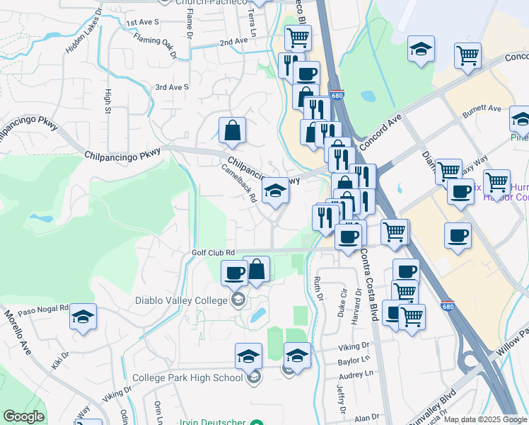map of restaurants, bars, coffee shops, grocery stores, and more near 265 Camelback Road in Pleasant Hill