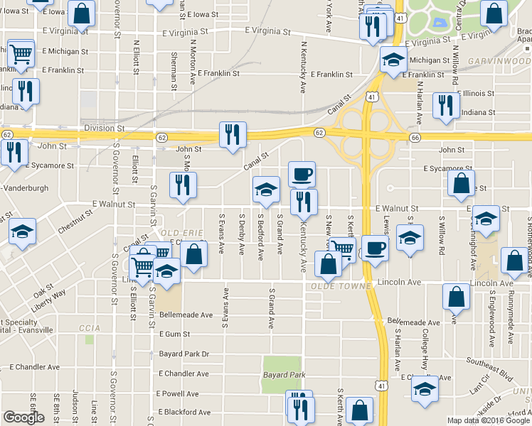 map of restaurants, bars, coffee shops, grocery stores, and more near 867 East Walnut Street in Evansville