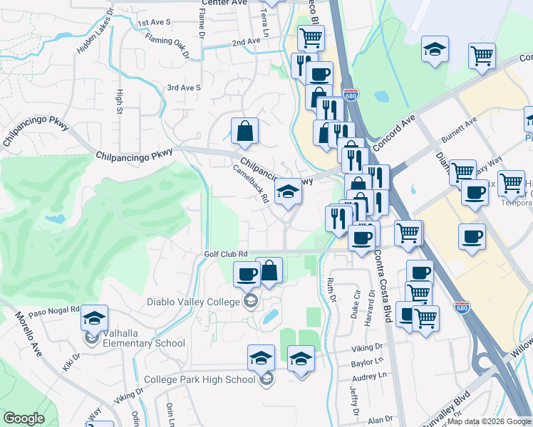 map of restaurants, bars, coffee shops, grocery stores, and more near 240 Camelback Road in Pleasant Hill