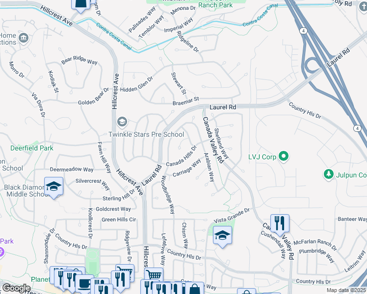 map of restaurants, bars, coffee shops, grocery stores, and more near 4554 Wagon Court in Antioch