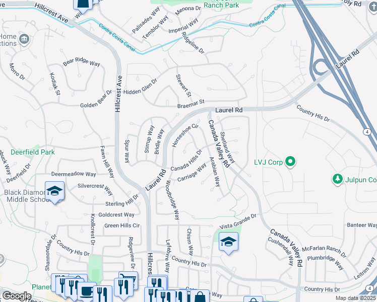 map of restaurants, bars, coffee shops, grocery stores, and more near 4554 Wagon Court in Antioch