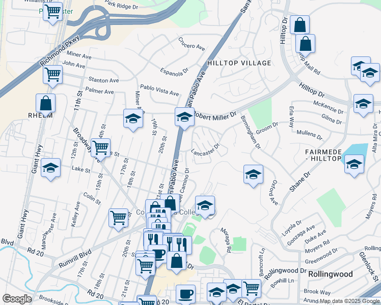 map of restaurants, bars, coffee shops, grocery stores, and more near 2300 Lancaster Drive in San Pablo
