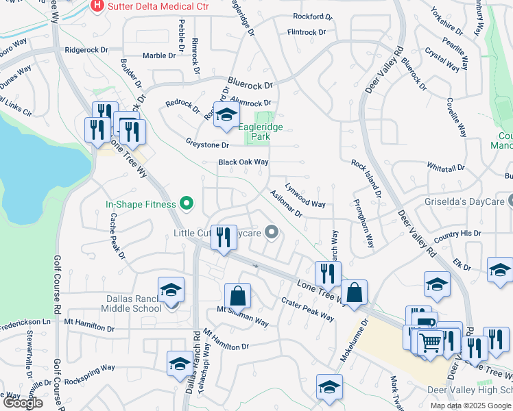 map of restaurants, bars, coffee shops, grocery stores, and more near 2000 Asilomar Drive in Antioch