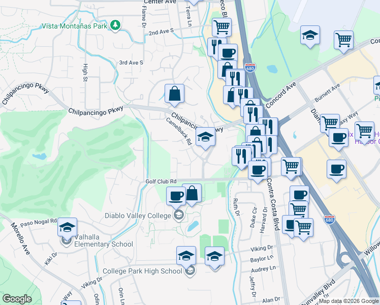 map of restaurants, bars, coffee shops, grocery stores, and more near 265 Camelback Road in Pleasant Hill