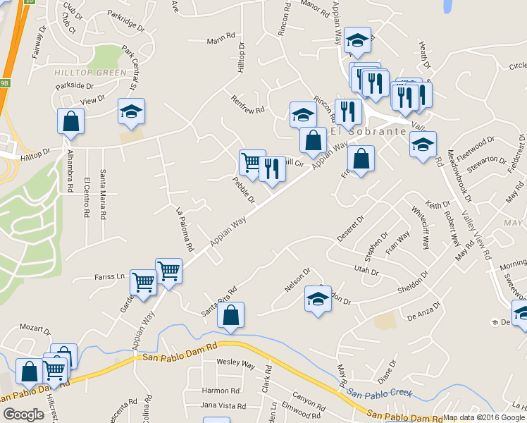 map of restaurants, bars, coffee shops, grocery stores, and more near 4750 Appian Way in El Sobrante