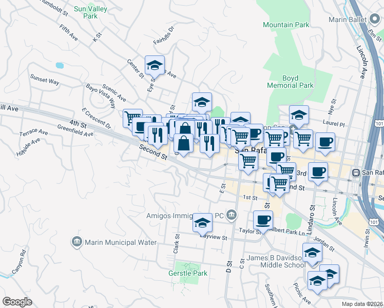 map of restaurants, bars, coffee shops, grocery stores, and more near 1604 4th Street in San Rafael