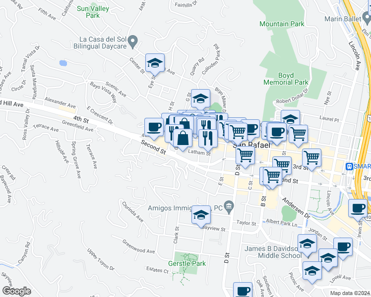 map of restaurants, bars, coffee shops, grocery stores, and more near 1604 4th Street in San Rafael
