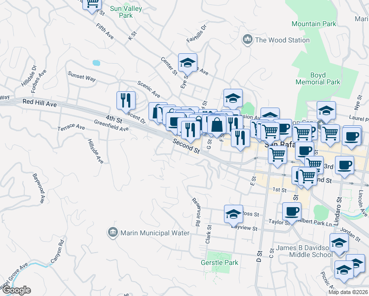 map of restaurants, bars, coffee shops, grocery stores, and more near 1816 4th Street in San Rafael