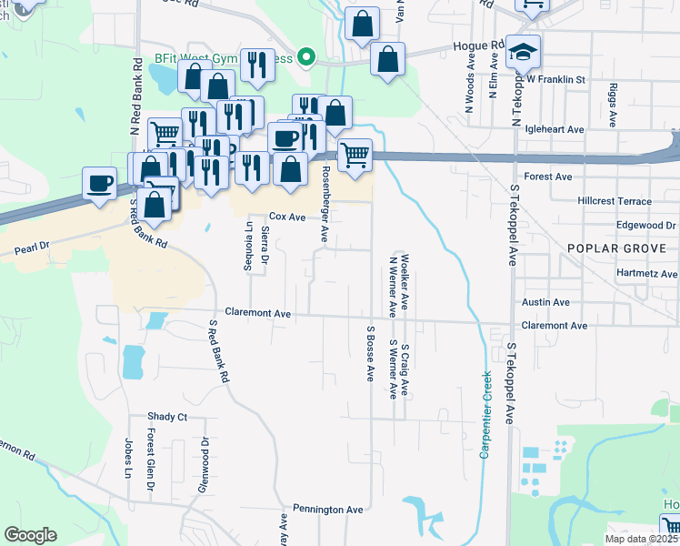 map of restaurants, bars, coffee shops, grocery stores, and more near 350 Rosenberger Avenue in Evansville