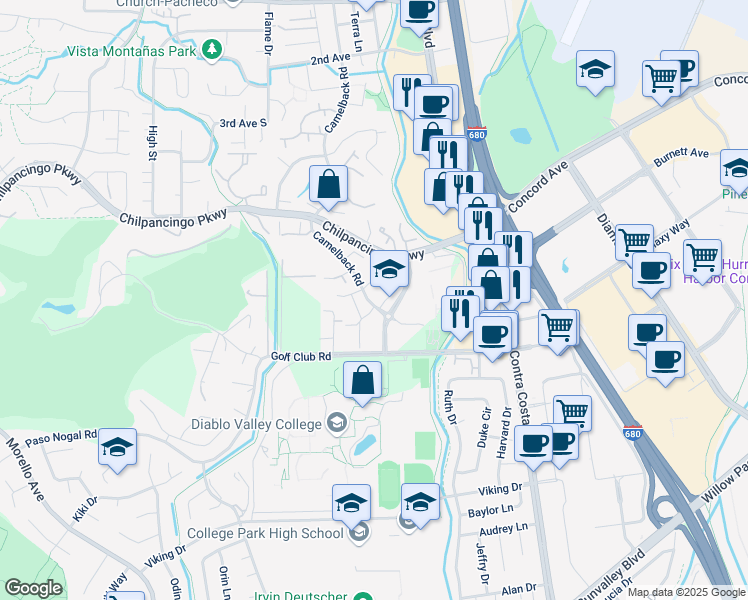 map of restaurants, bars, coffee shops, grocery stores, and more near 235 Camelback Road in Pleasant Hill