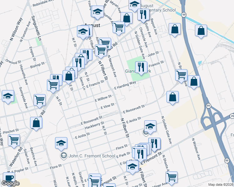 map of restaurants, bars, coffee shops, grocery stores, and more near 1316 North Filbert Street in Stockton