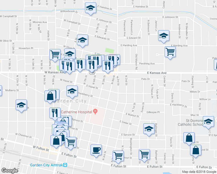 map of restaurants, bars, coffee shops, grocery stores, and more near 1005 North 4th Street in Garden City