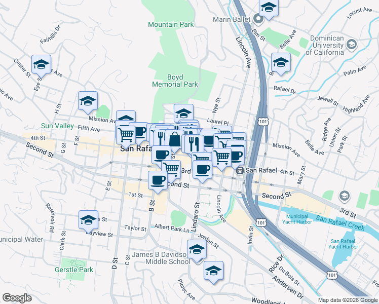 map of restaurants, bars, coffee shops, grocery stores, and more near 1050 Court Street in San Rafael