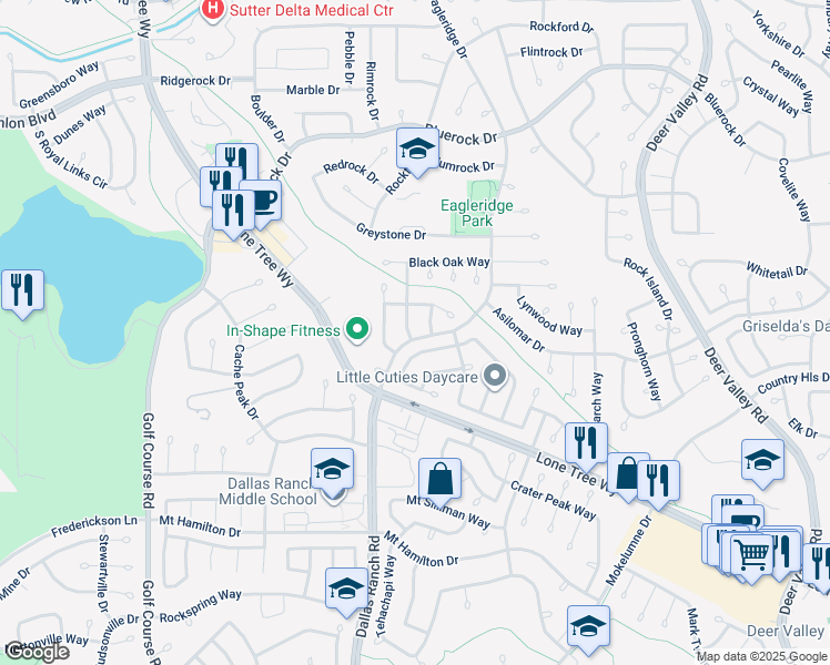 map of restaurants, bars, coffee shops, grocery stores, and more near 2117 Spruce Way in Antioch