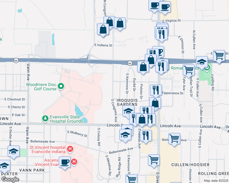 map of restaurants, bars, coffee shops, grocery stores, and more near 213 South Congress Avenue in Evansville