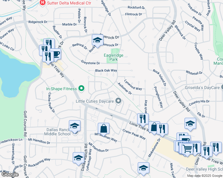 map of restaurants, bars, coffee shops, grocery stores, and more near 2000 Asilomar Drive in Antioch