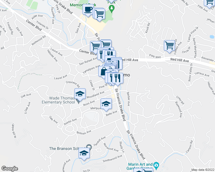 map of restaurants, bars, coffee shops, grocery stores, and more near 145A Tunstead Avenue in San Anselmo