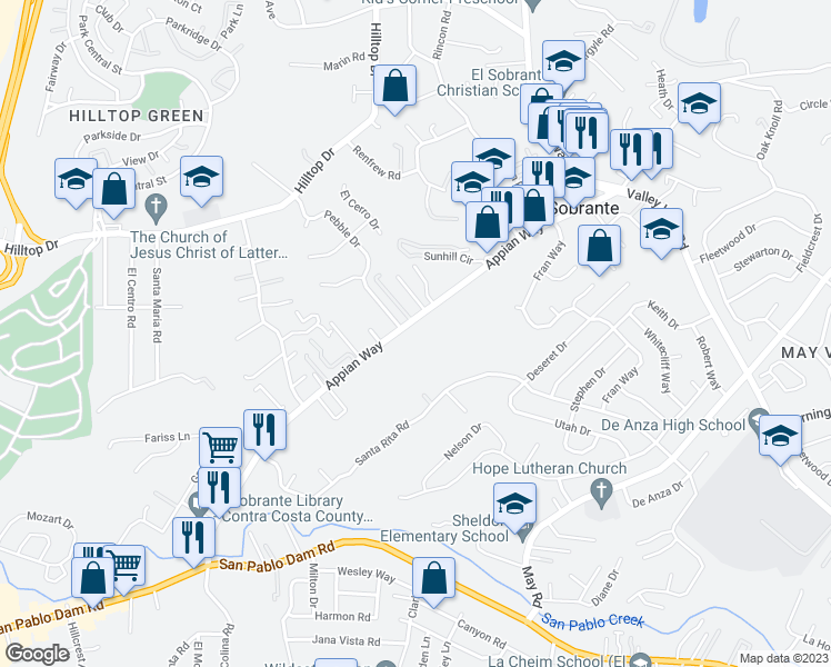 map of restaurants, bars, coffee shops, grocery stores, and more near 4752 Appian Way in El Sobrante