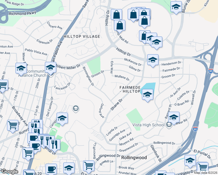 map of restaurants, bars, coffee shops, grocery stores, and more near 2821 Erin Court in Richmond