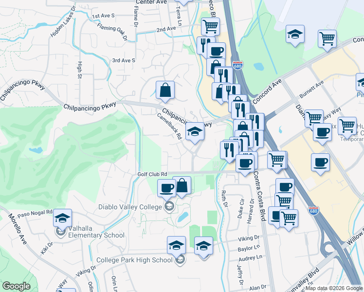 map of restaurants, bars, coffee shops, grocery stores, and more near 240 Camelback Road in Pleasant Hill