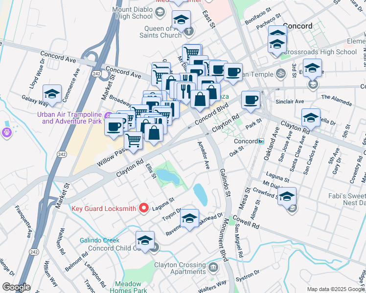 map of restaurants, bars, coffee shops, grocery stores, and more near 1875 Clayton Road in Concord