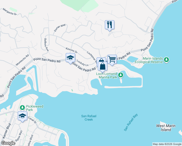 map of restaurants, bars, coffee shops, grocery stores, and more near 503 San Pedro Cove in San Rafael
