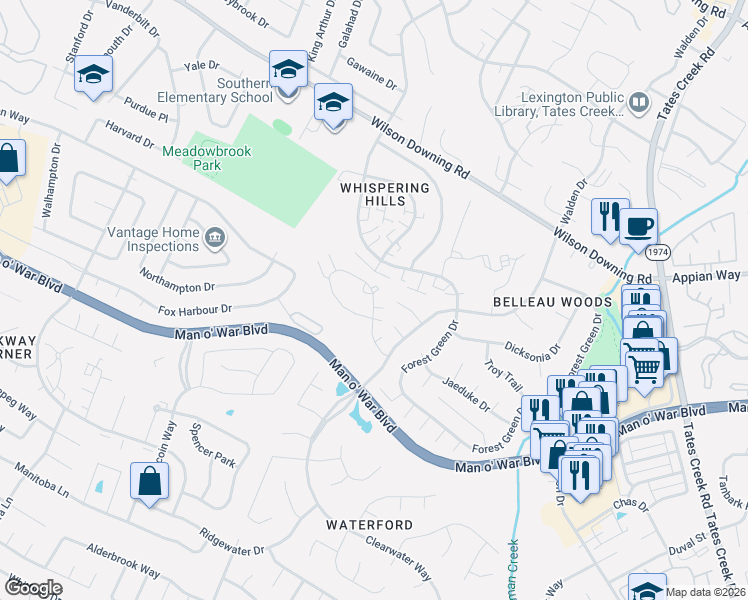 map of restaurants, bars, coffee shops, grocery stores, and more near 3881 Belleau Wood Drive in Lexington
