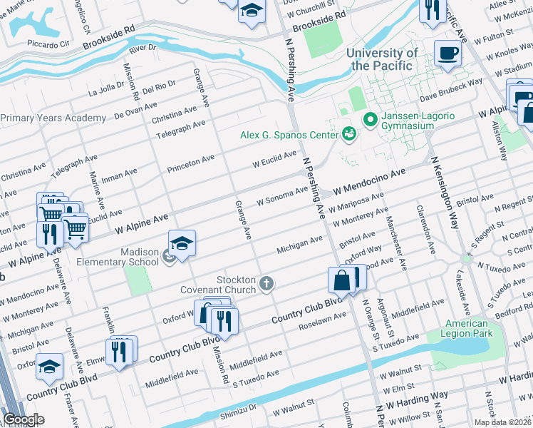 map of restaurants, bars, coffee shops, grocery stores, and more near 1559 West Sonoma Avenue in Stockton
